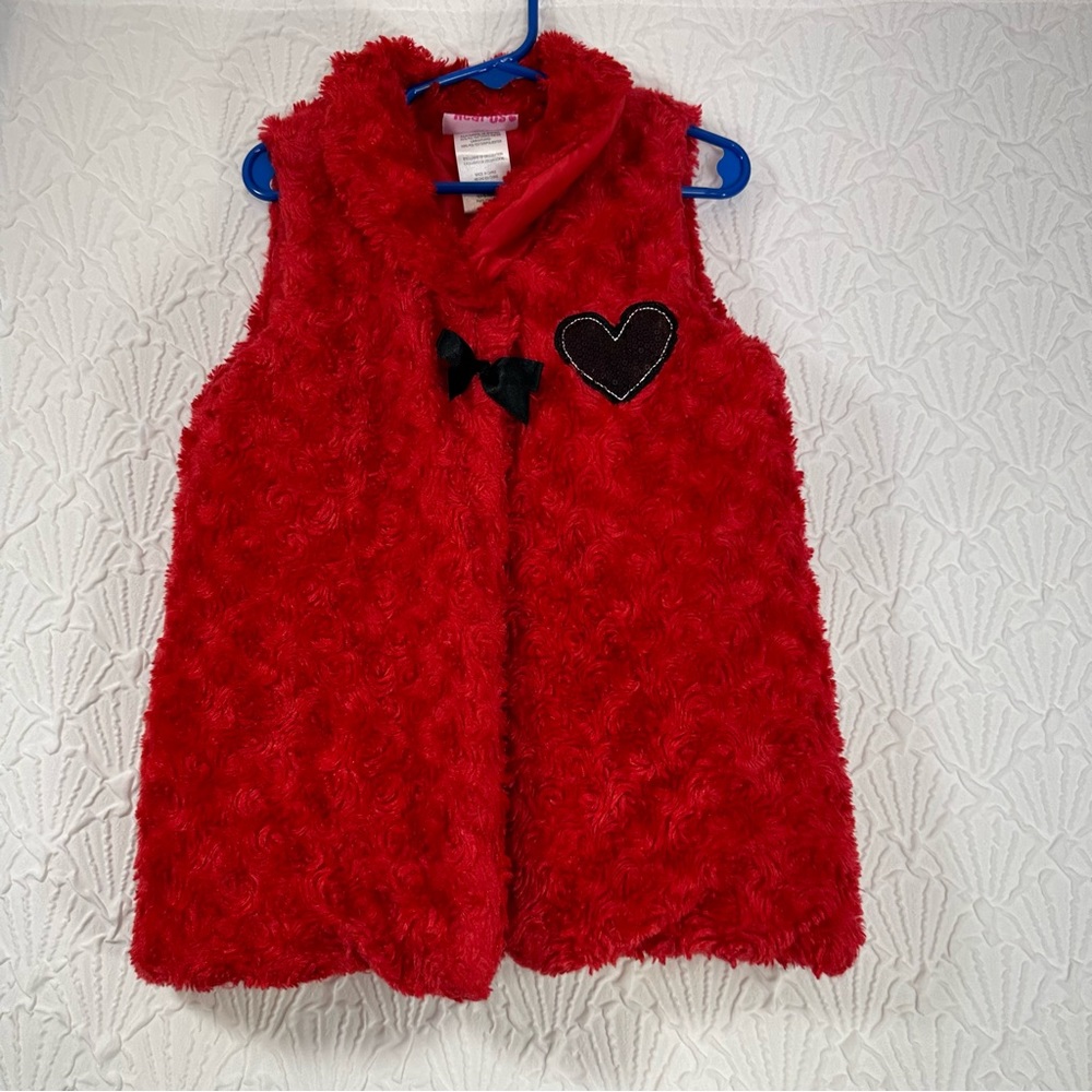 Girls Young Hearts Faux Fur Sequins Heart Satin Bow Single Button Red Vest Sz 6